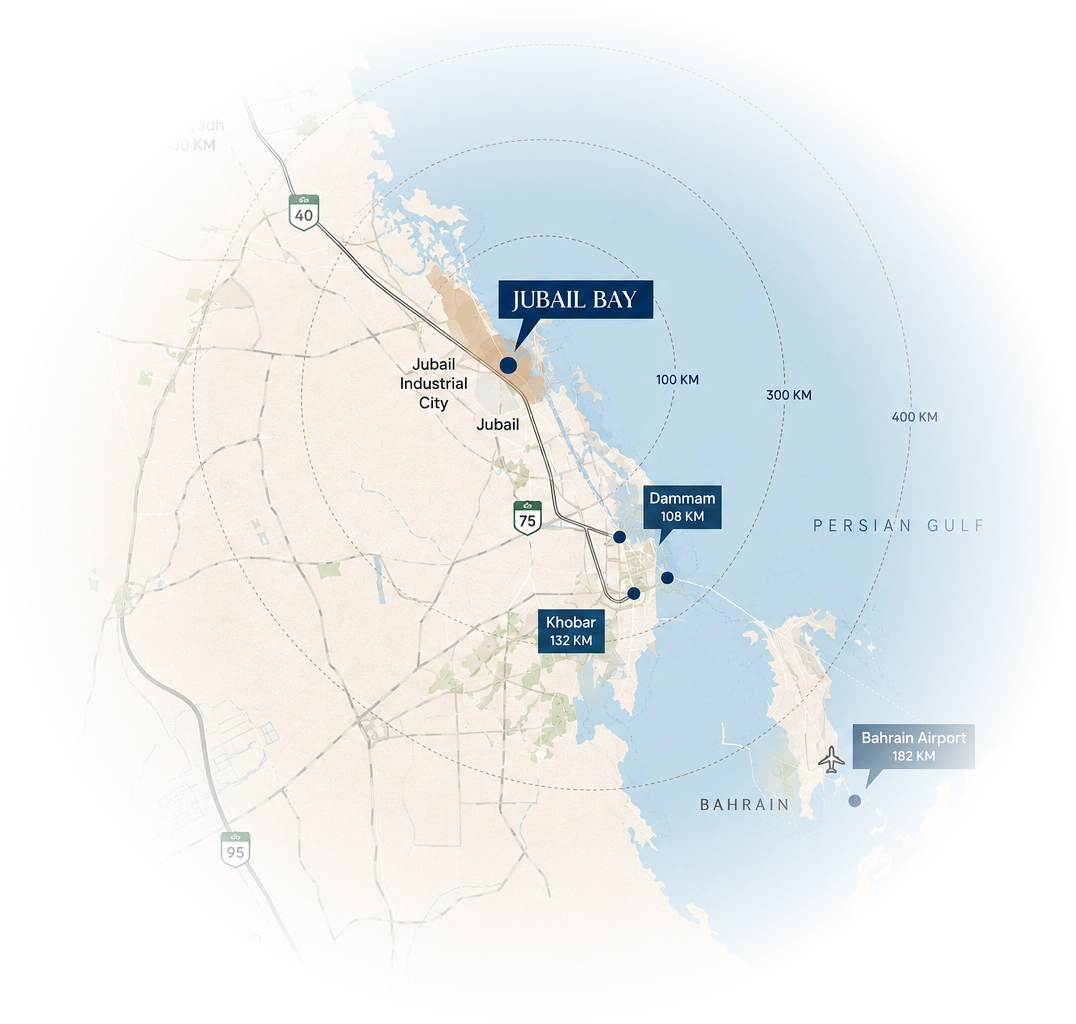 Regional location map showing Jubail Bay and nearby destinations