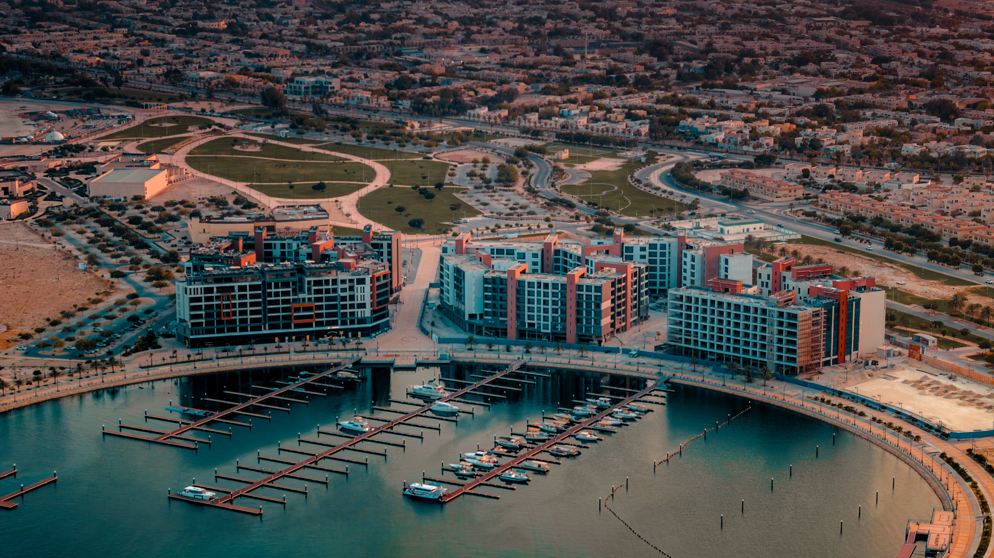 Aerial view of the Jubail Bay waterfront and marina.